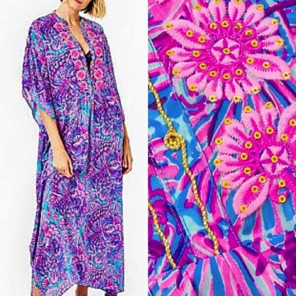 NWT LILLY PULITZER ROSSI CAFTAN/COVER TURQUOISE OASIS SHELLEIDOSCOPE - Picture 2 of 9